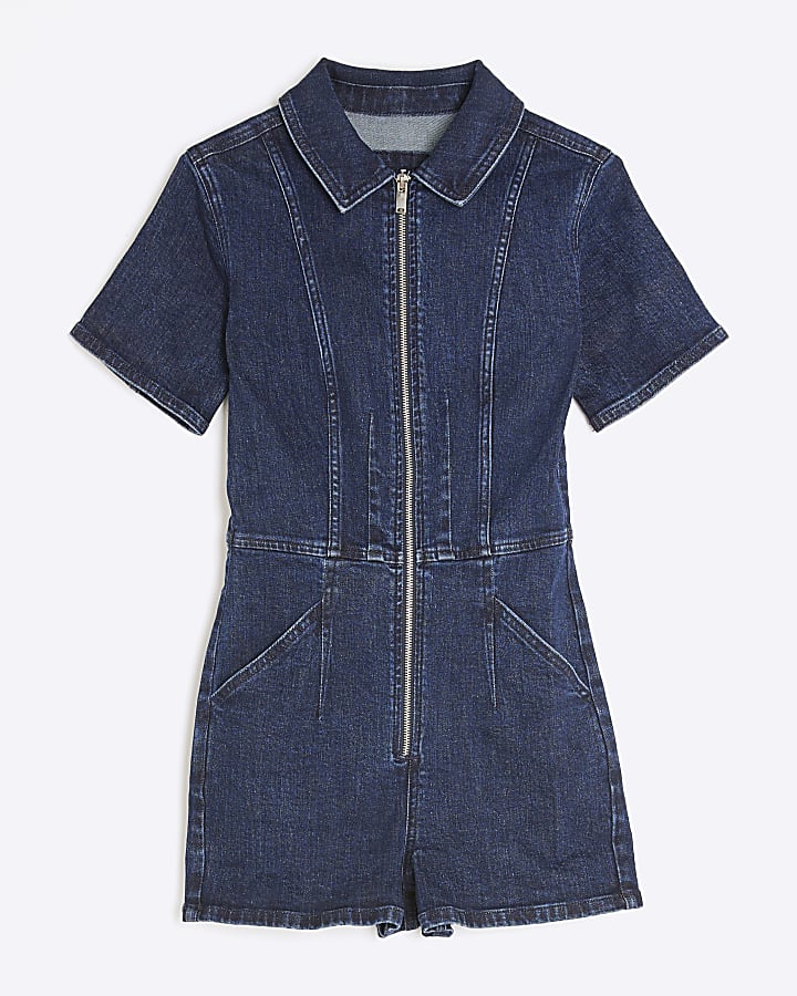 Petite Blue Denim Short Sleeve Zip Playsuit