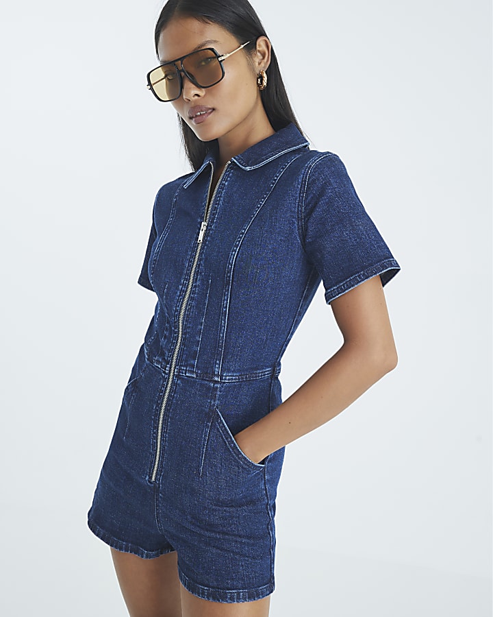 Petite Blue Denim Short Sleeve Zip Playsuit