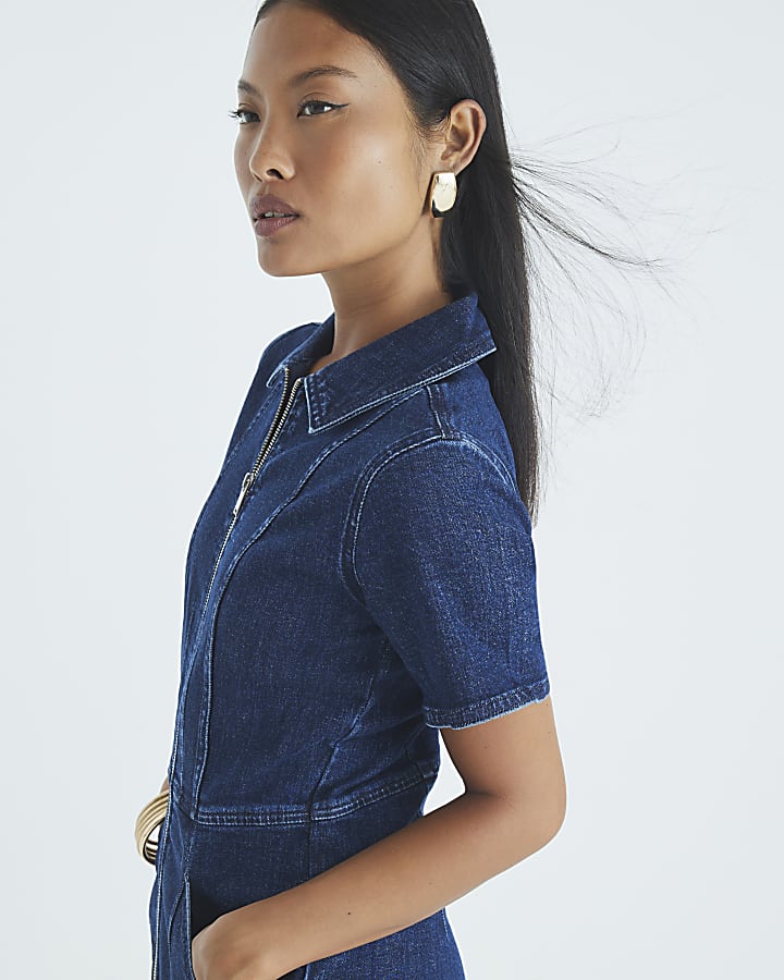 Petite Blue Denim Short Sleeve Zip Jumpsuit