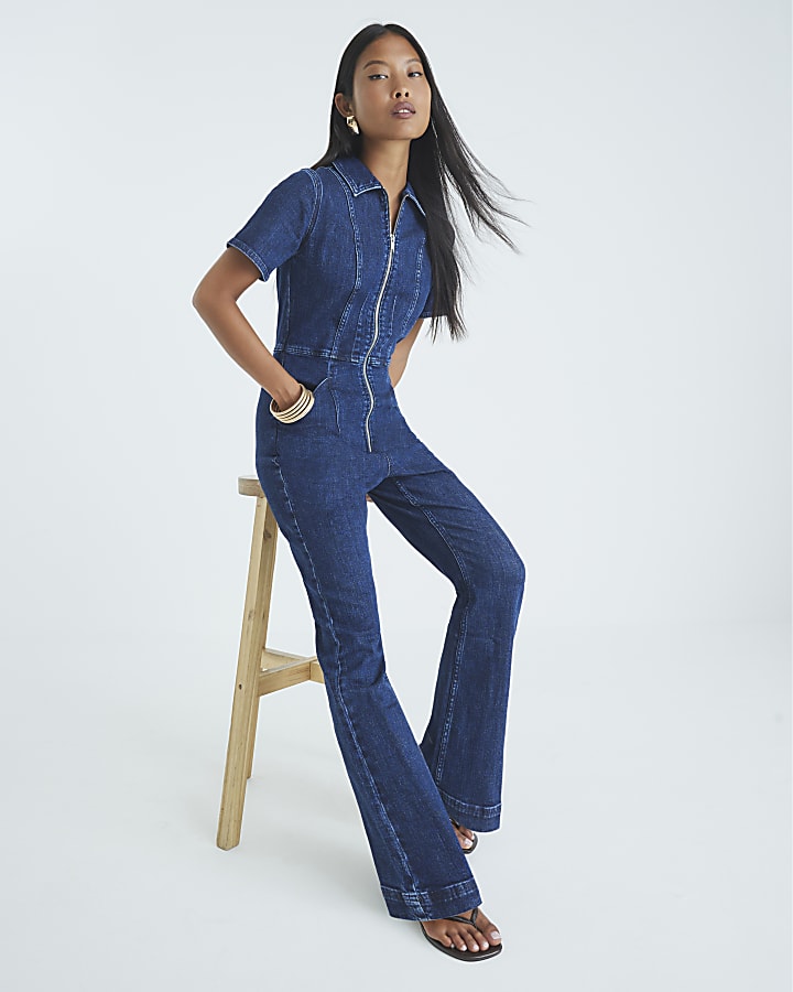 Petite Blue Denim Short Sleeve Zip Jumpsuit