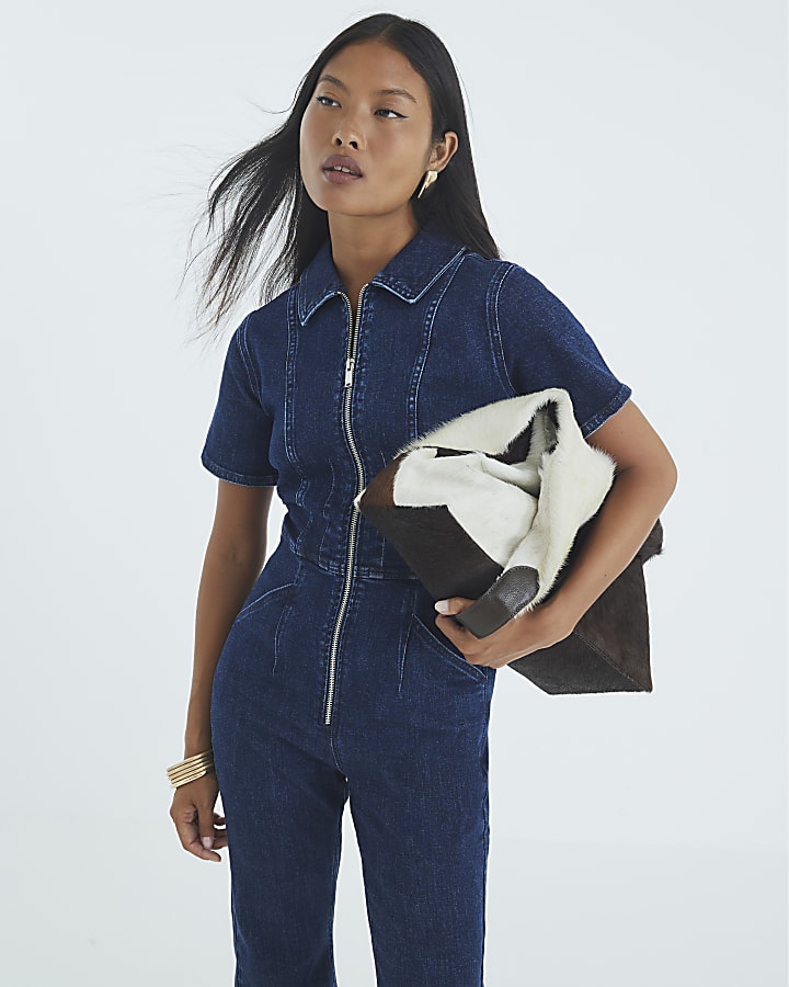 Petite Blue Denim Short Sleeve Zip Jumpsuit