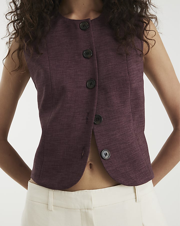 Purple High Neck Fitted Waistcoat