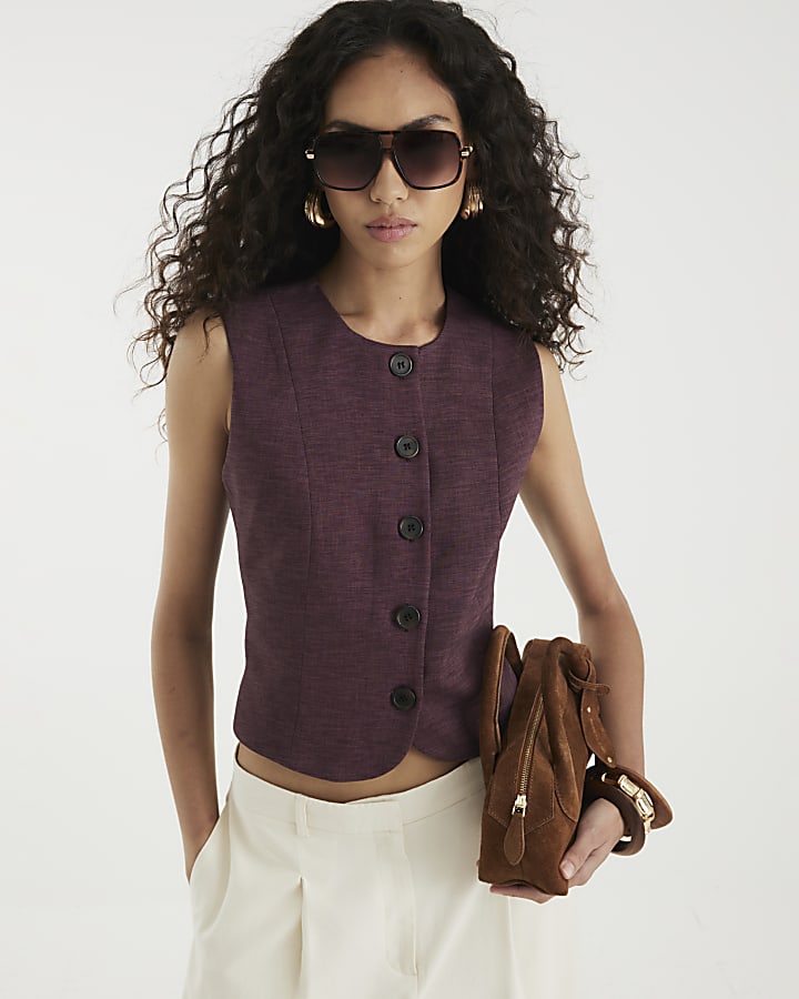 Purple High Neck Fitted Waistcoat