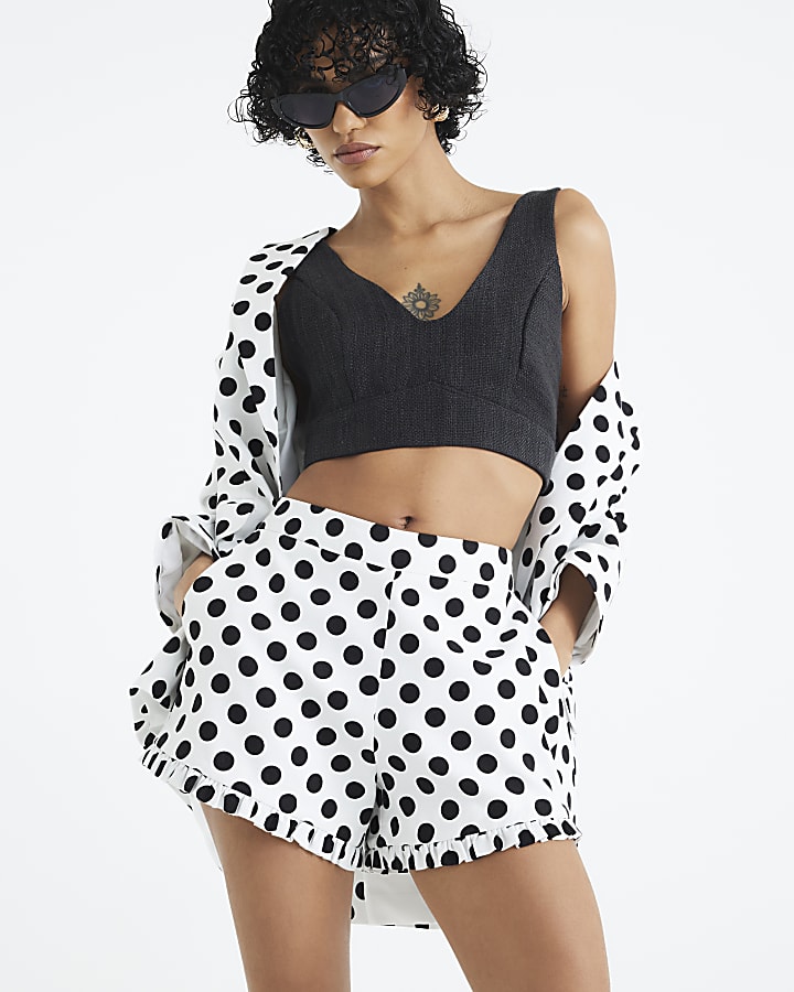 White Polka Dot Frill Tailored Shorts