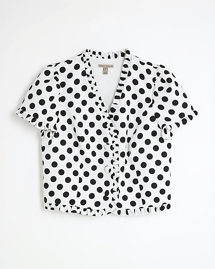 White Polka Dot Linen Blend Tailored Top
