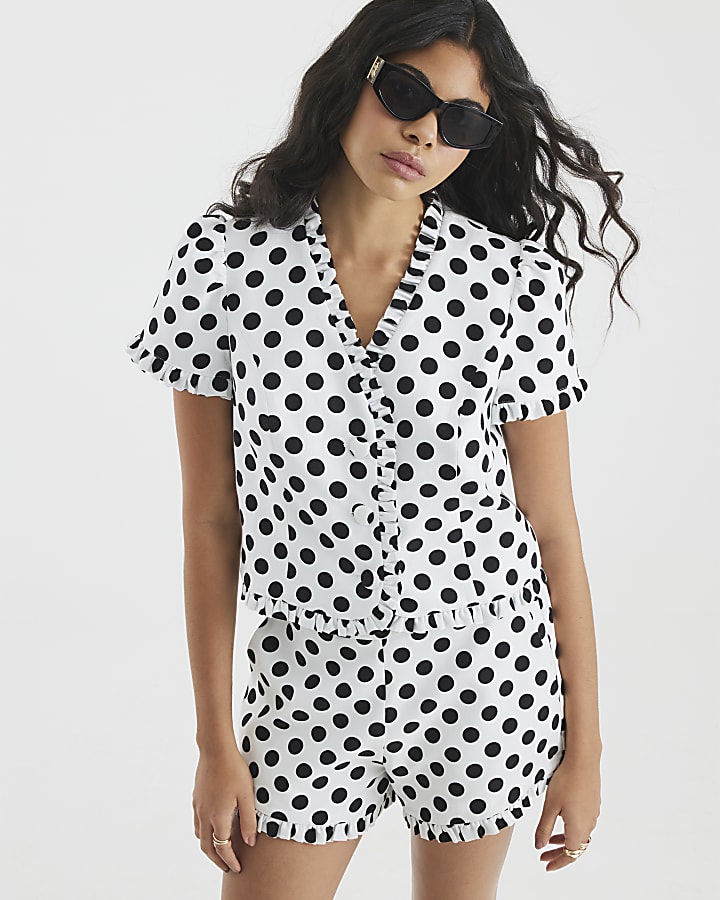 White Polka Dot Linen Blend Tailored Top