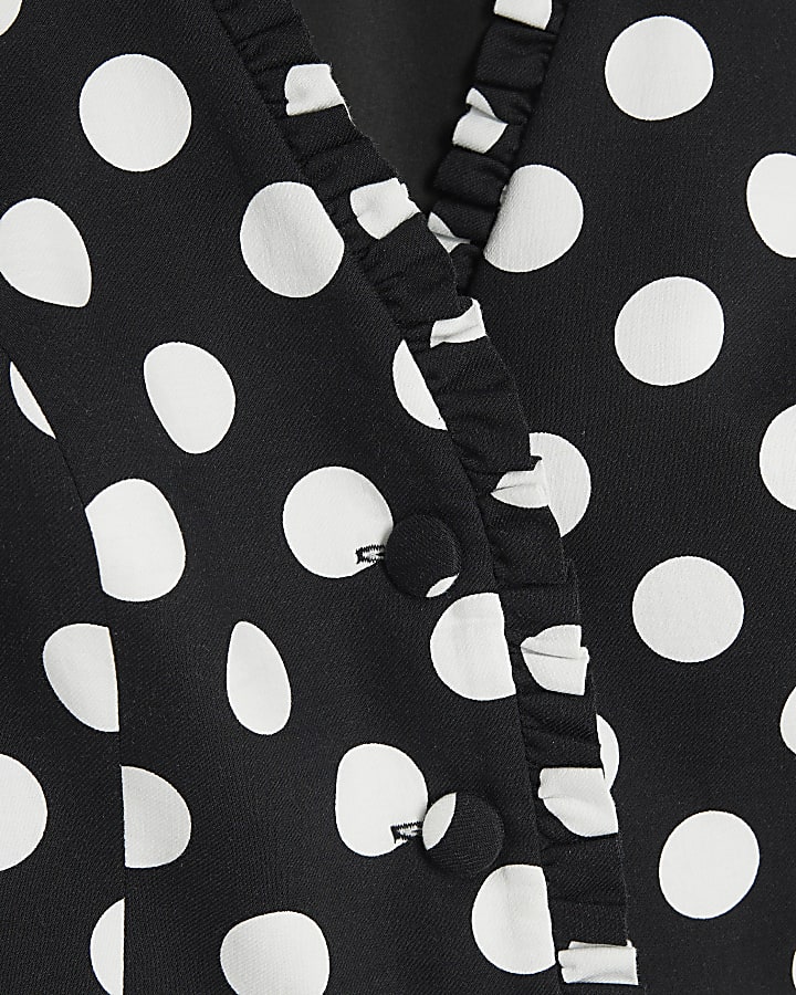 Black Polka Dot Linen Blend Tailored Top