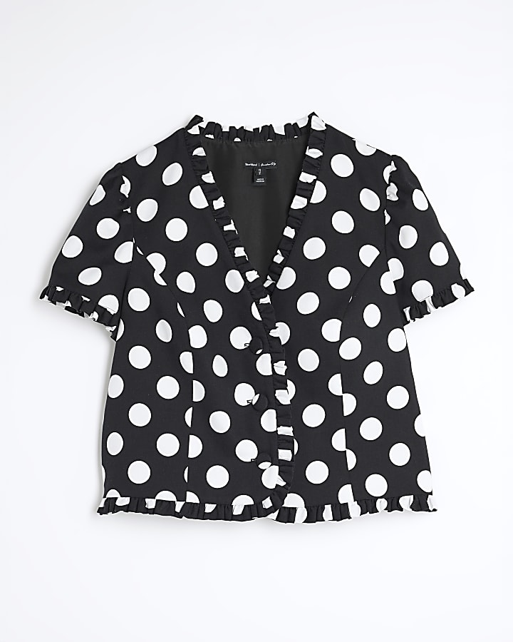 Black Polka Dot Linen Blend Tailored Top