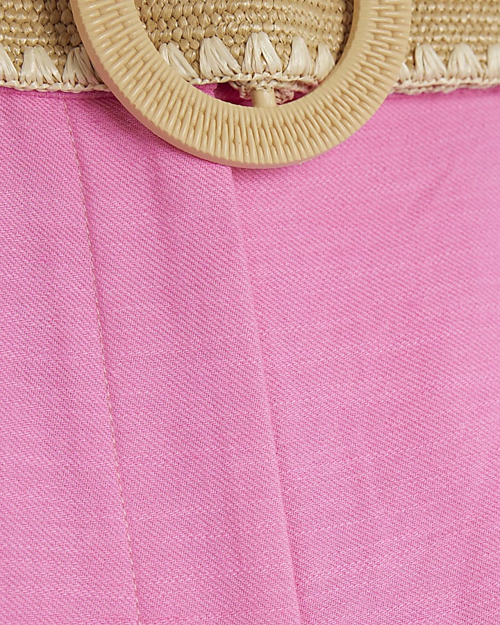 Pink Structured Raffia Belted Shorts