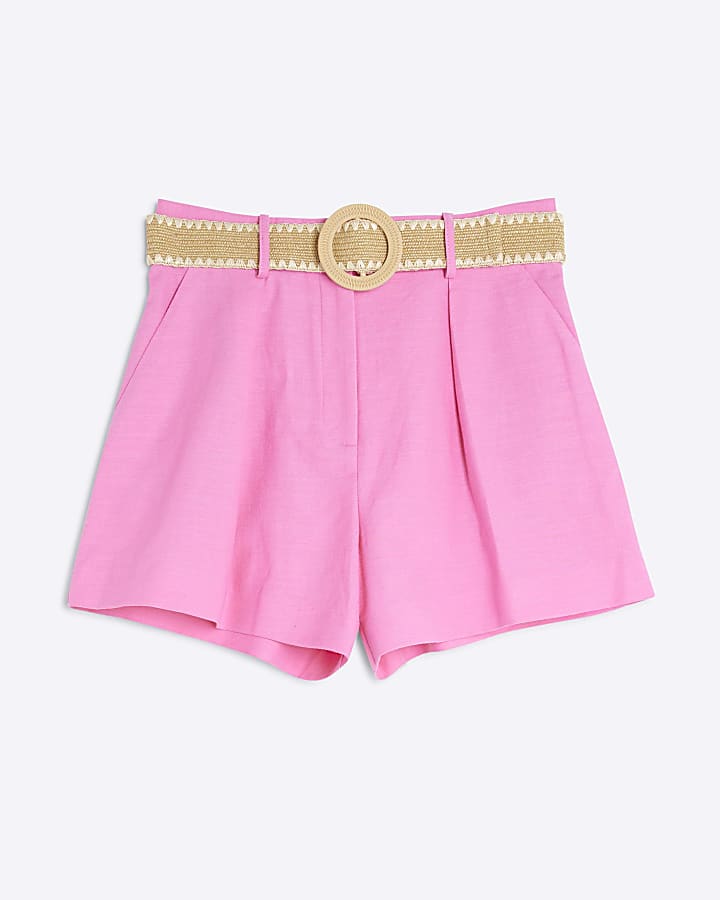 Pink Structured Raffia Belted Shorts
