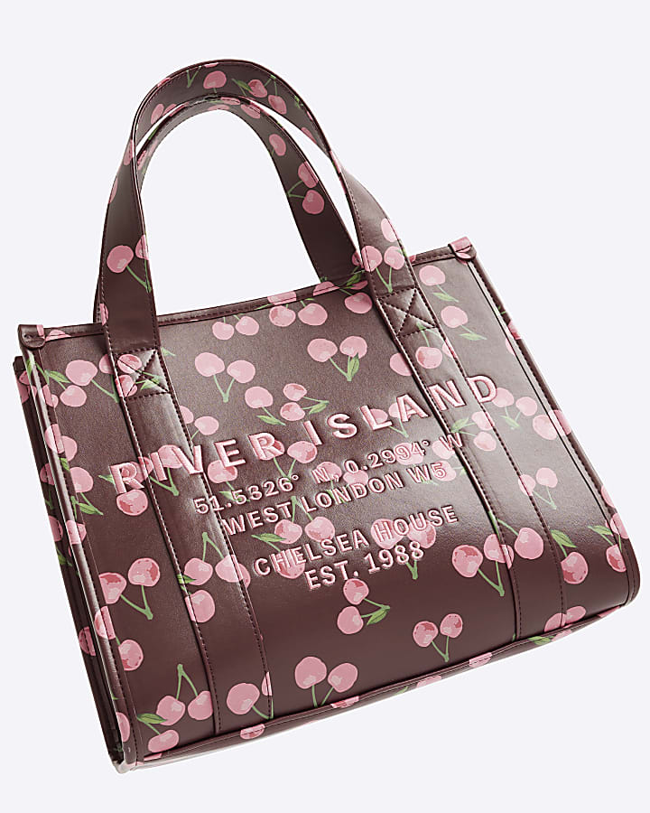 Red Cherry Print Embroidered Tote Bag