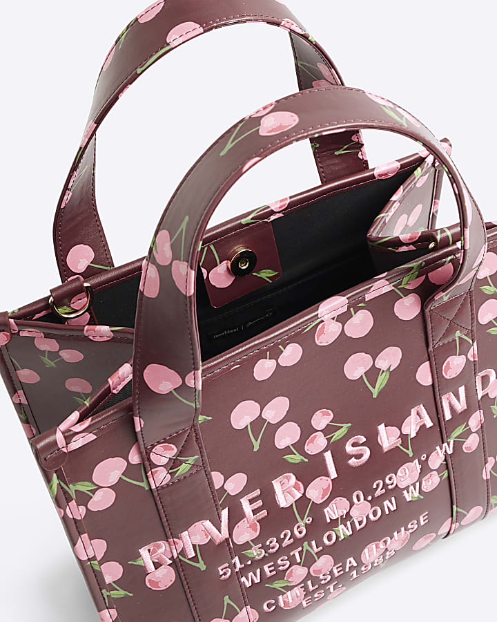 Red Cherry Print Embroidered Tote Bag