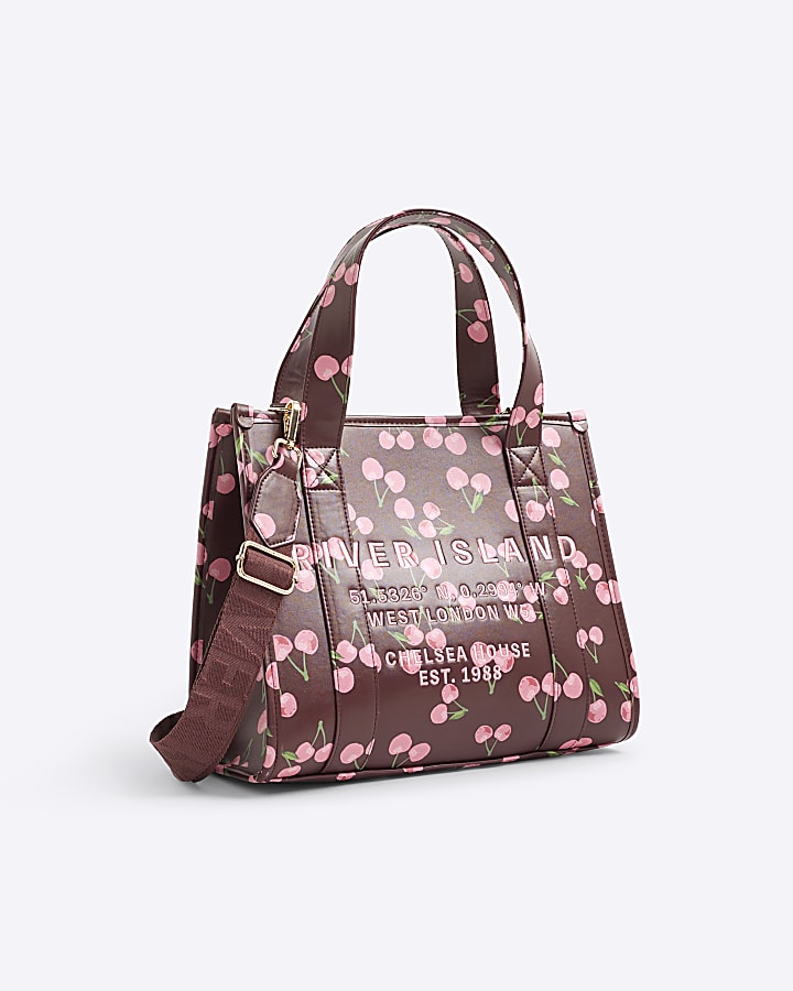 Red Cherry Print Embroidered Tote Bag