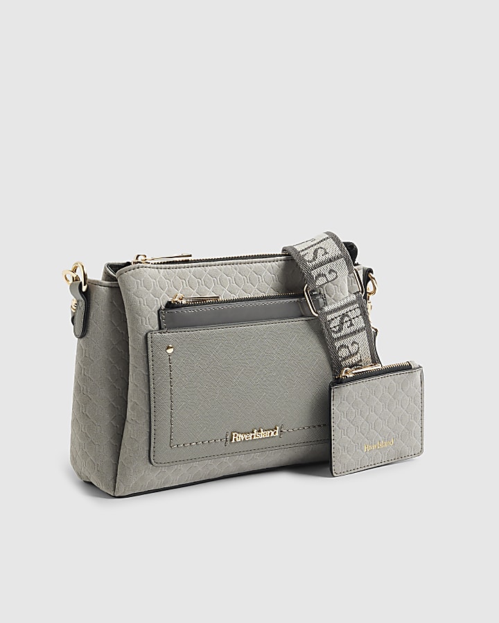 Grey Monogram Pocket Front Cross Body Bag