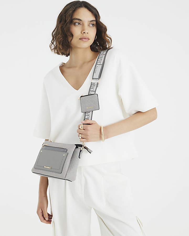 Grey Monogram Pocket Front Cross Body Bag