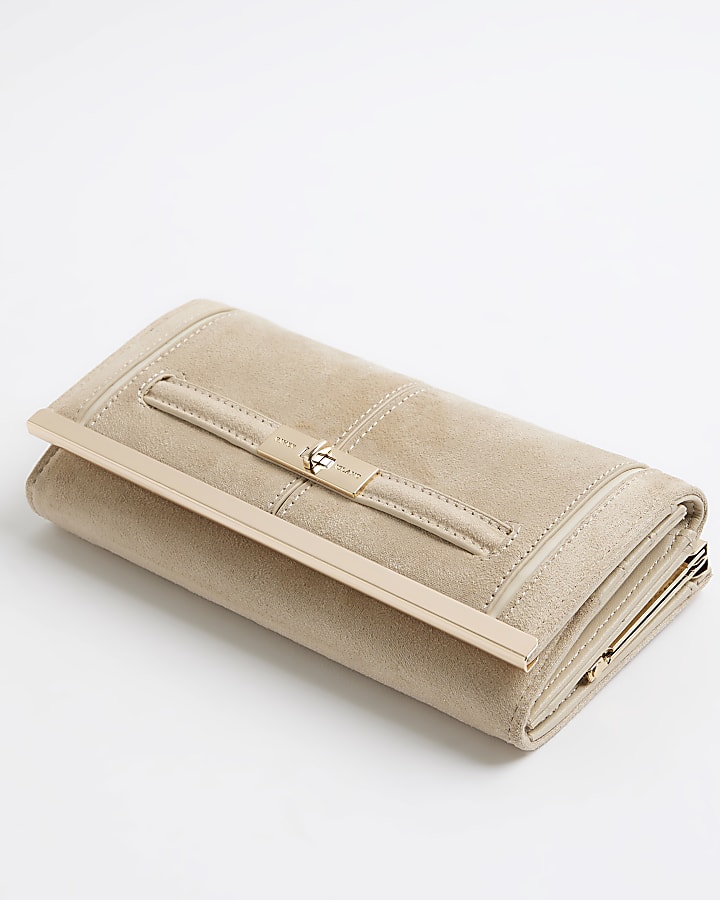 Beige Faux Suede Twist Lock Strap Purse