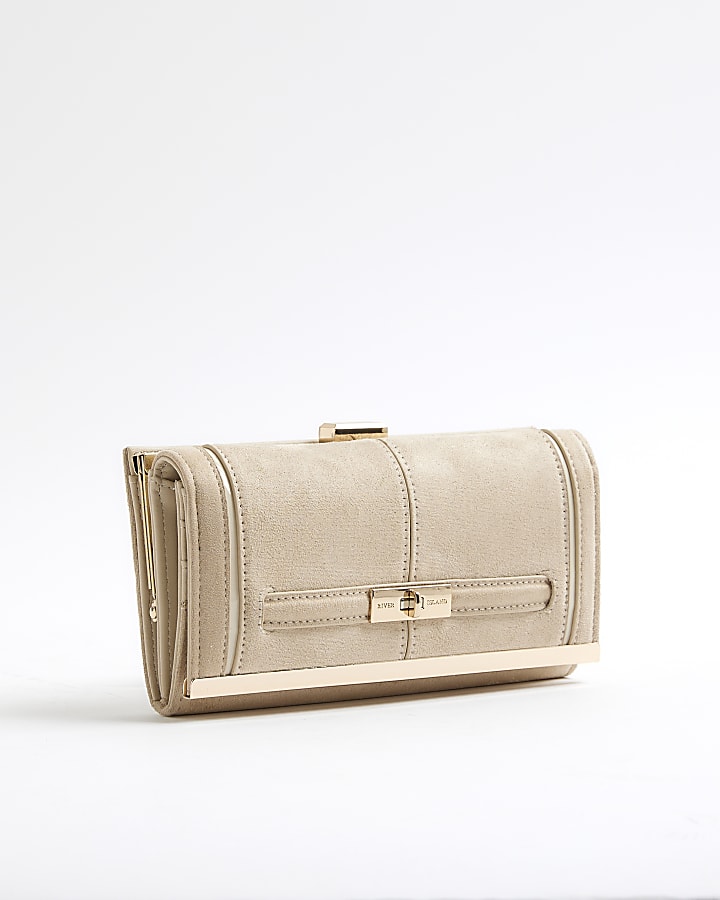 Beige Faux Suede Twist Lock Strap Purse
