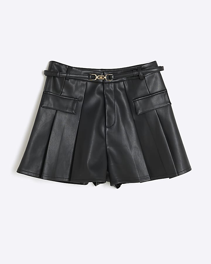 Black Belted Faux Leather Pleated Shorts