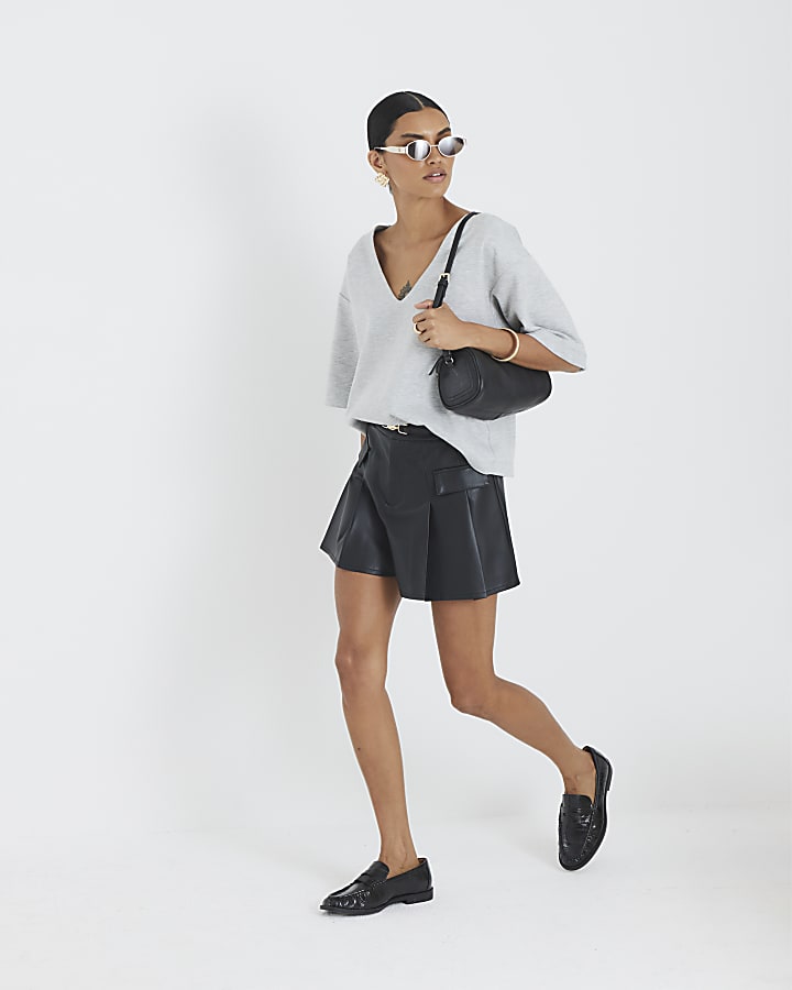 Black Belted Faux Leather Pleated Shorts