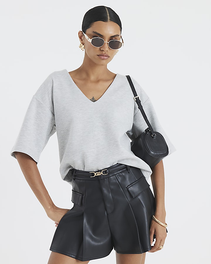 Black Belted Faux Leather Pleated Shorts
