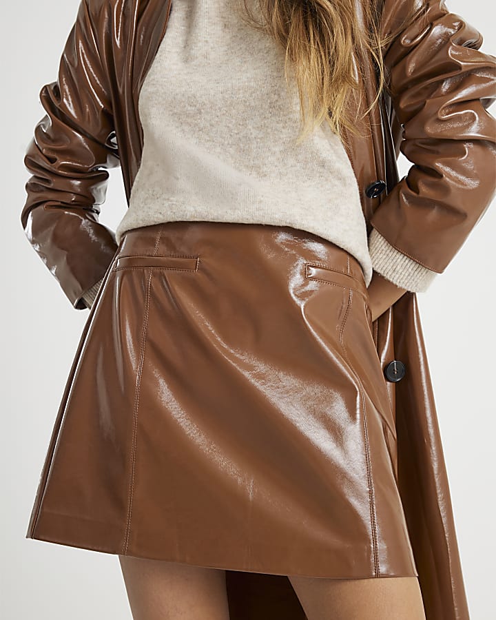 Brown Faux Leather Mini Skirt