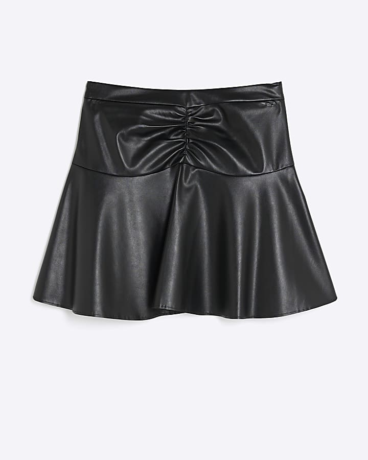 Black Faux Leather Ruched Mini Skirt