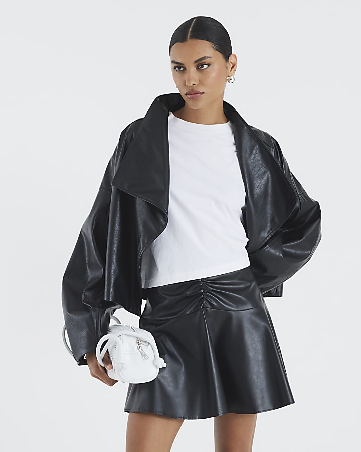 Black Faux Leather Ruched Mini Skirt