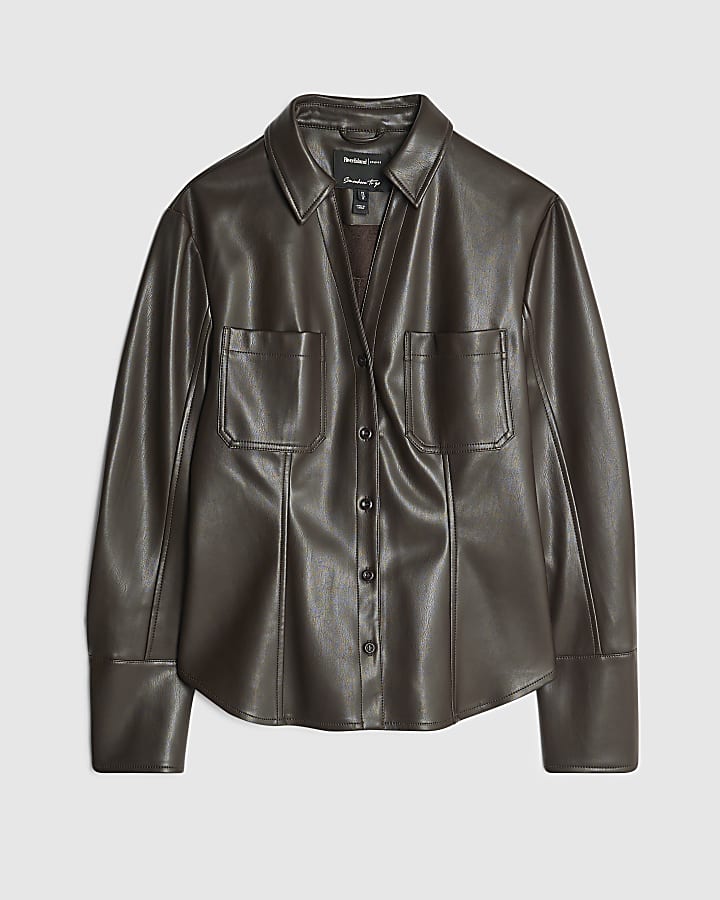 Brown Faux Leather Fitted Shirt