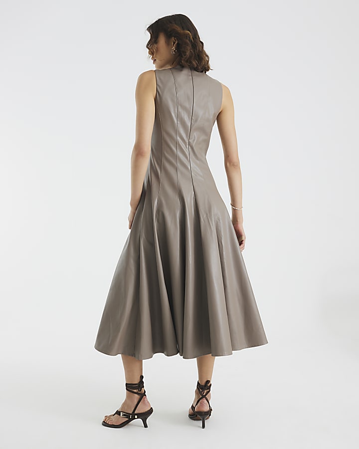 Stone Faux Leather Fitted Waist Midi Dress