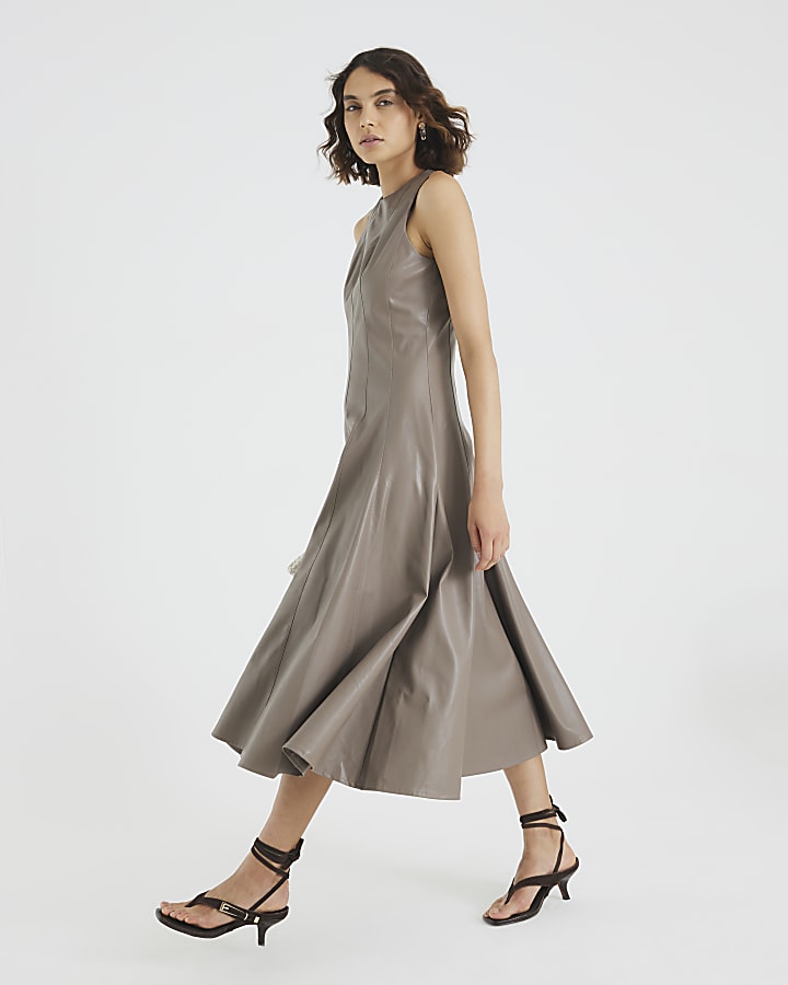 Stone Faux Leather Fitted Waist Midi Dress