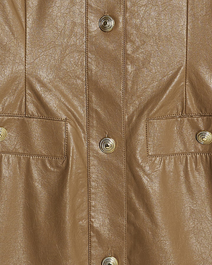 Brown Faux Leather Button Through Mini Dress