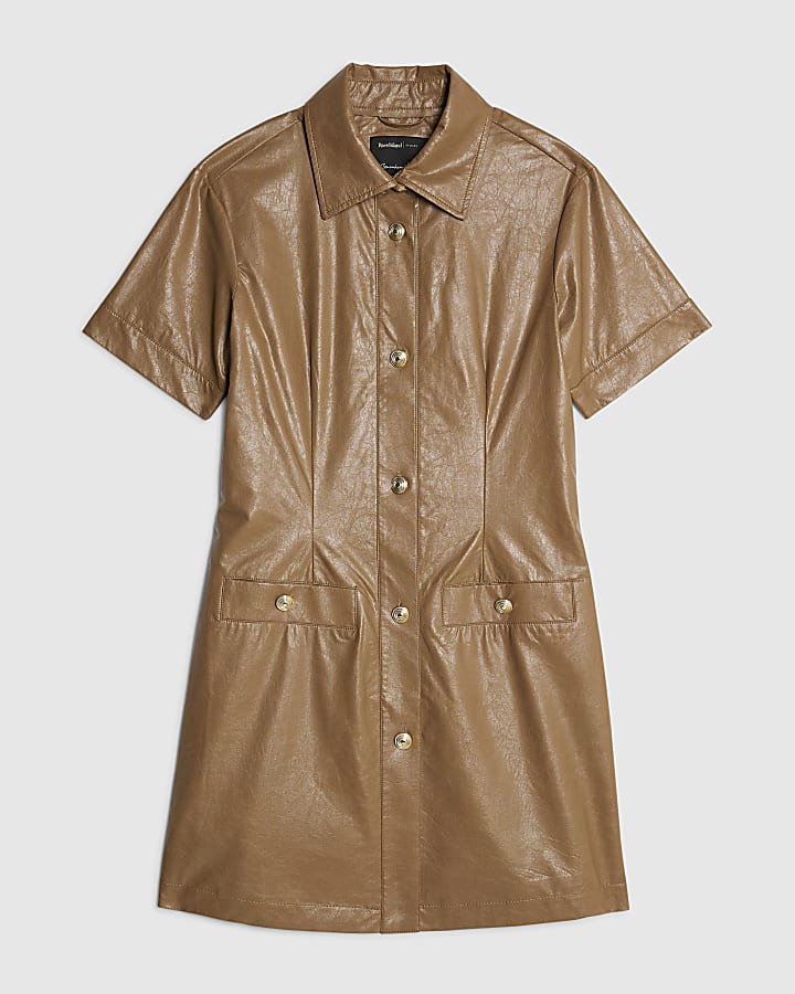Brown Faux Leather Button Through Mini Dress