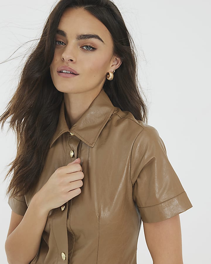 Brown Faux Leather Button Through Mini Dress