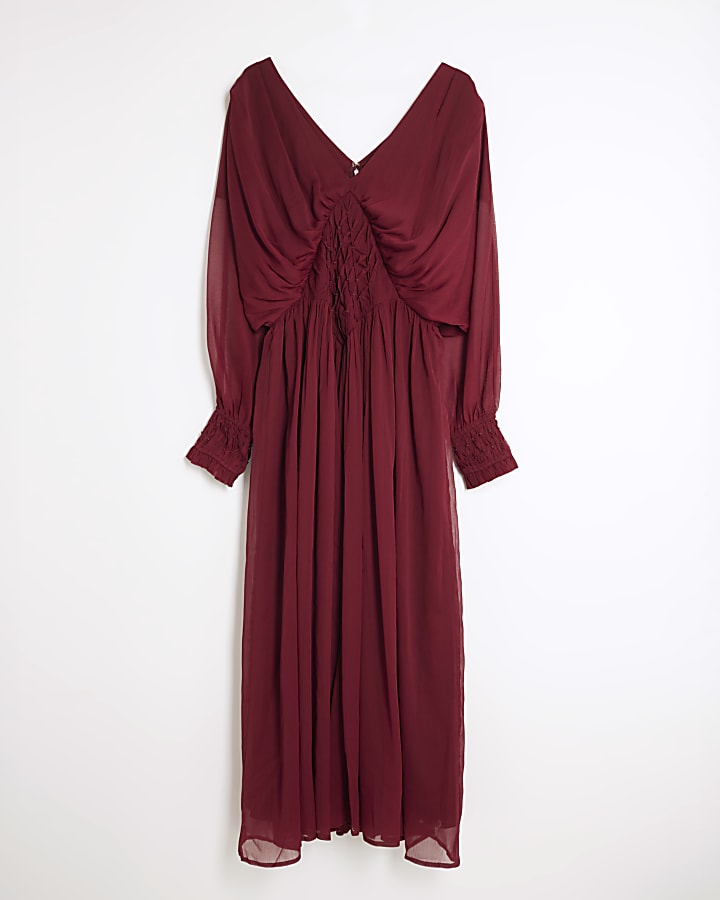 Red Long Sleeve Smocked Maxi Dress