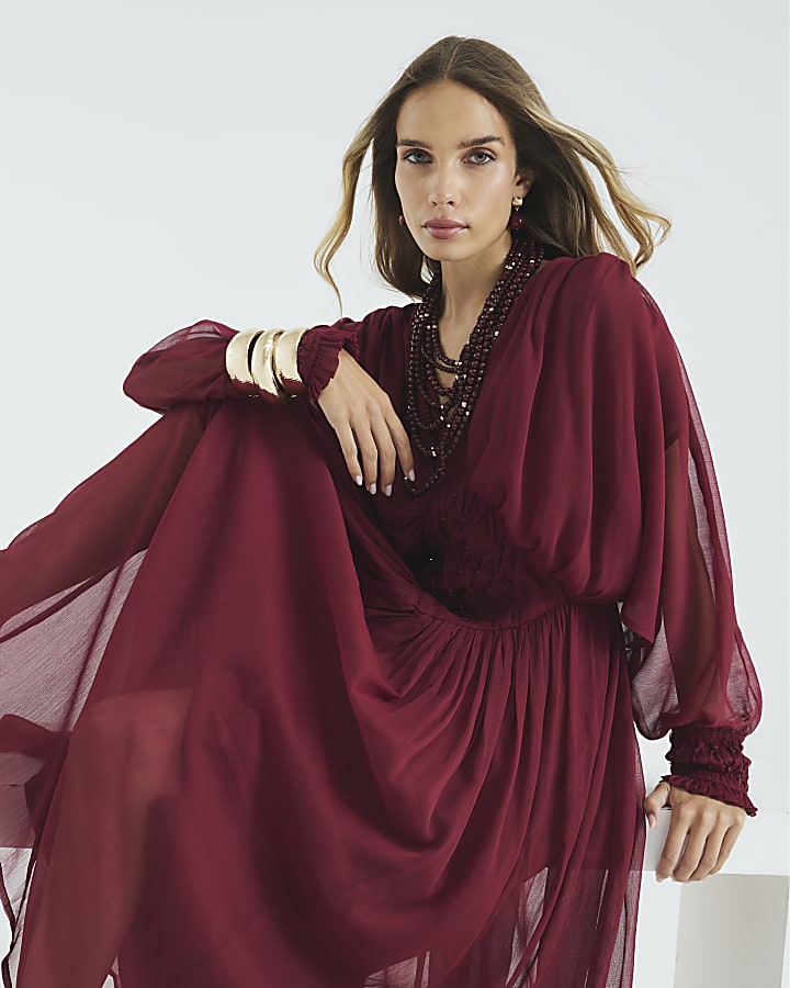 Red Long Sleeve Smocked Maxi Dress