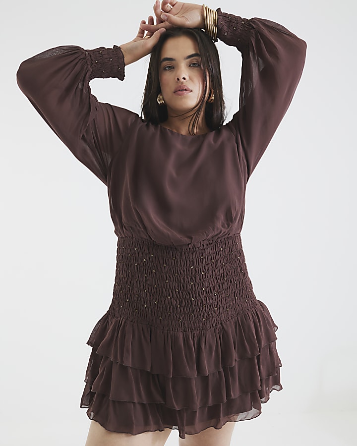 Brown Long Sleeve Smocked Mini Dress