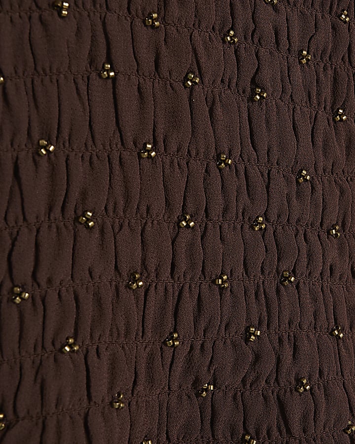 Brown Long Sleeve Smocked Mini Dress