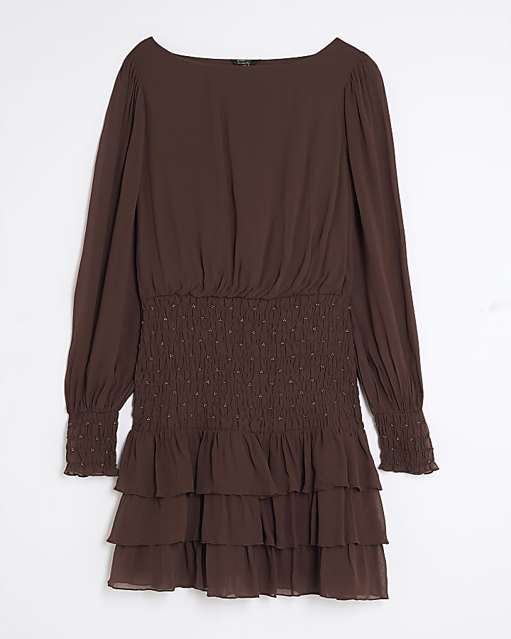 Brown Long Sleeve Smocked Mini Dress