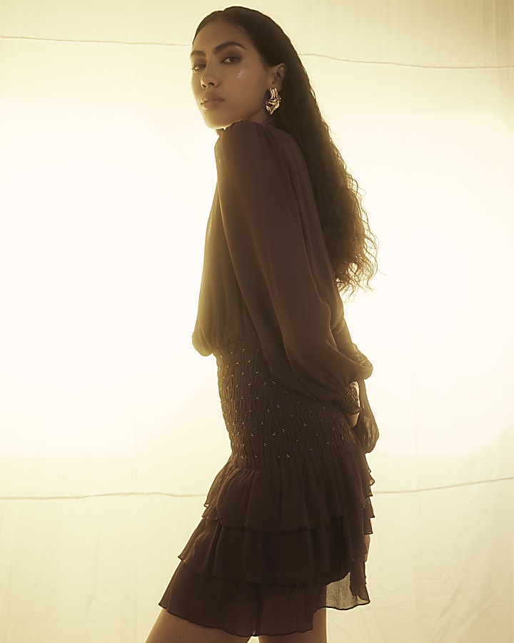 Brown Long Sleeve Smocked Mini Dress