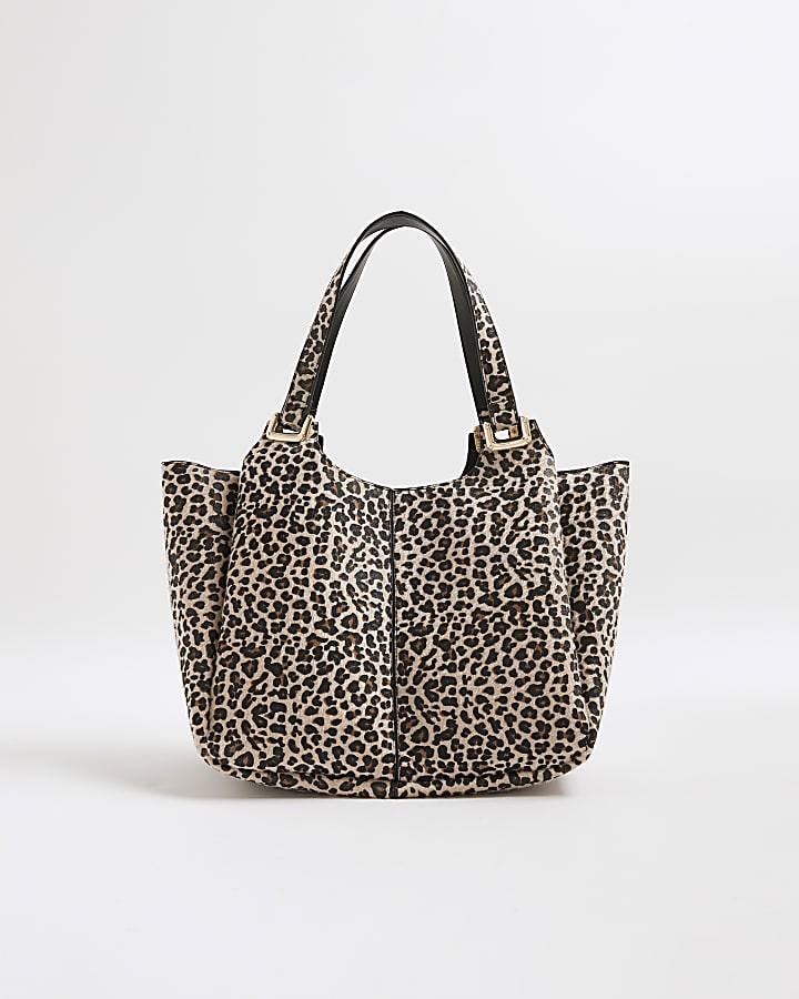 Beige Leopard Print Winged Shoulder Bag