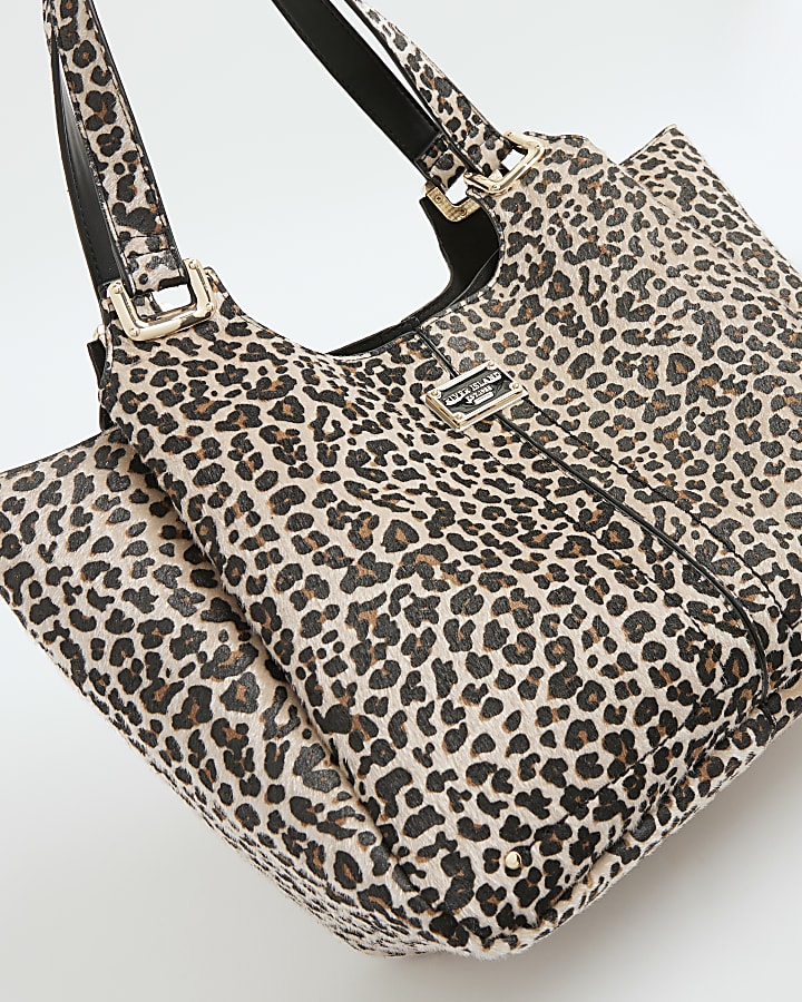 Beige Leopard Print Winged Shoulder Bag