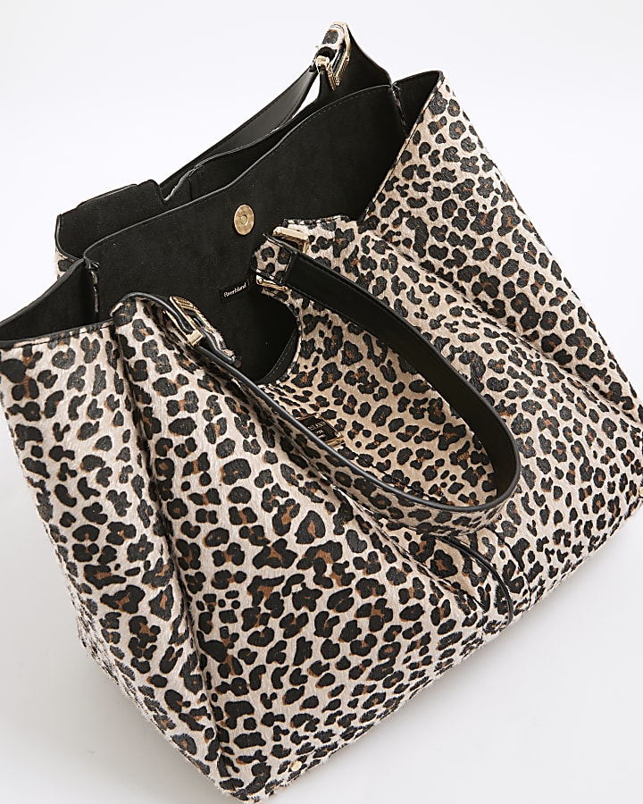 Beige Leopard Print Winged Shoulder Bag