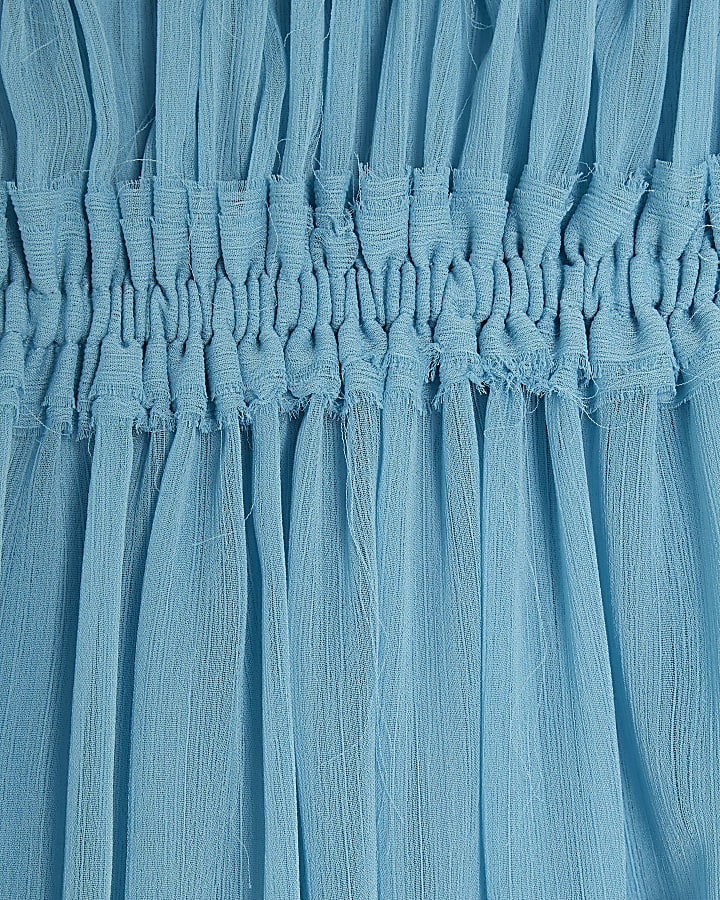 Blue Long Sleeve Raw Edge Bardot Top