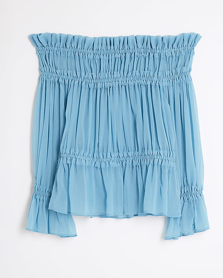 Blue Long Sleeve Raw Edge Bardot Top