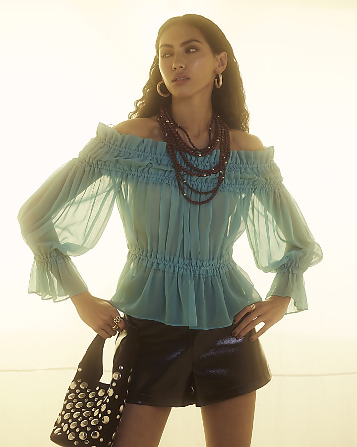 Blue Long Sleeve Raw Edge Bardot Top