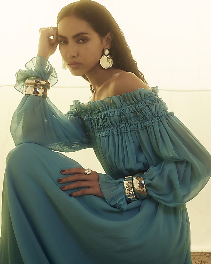 Blue Bardot Maxi Dress