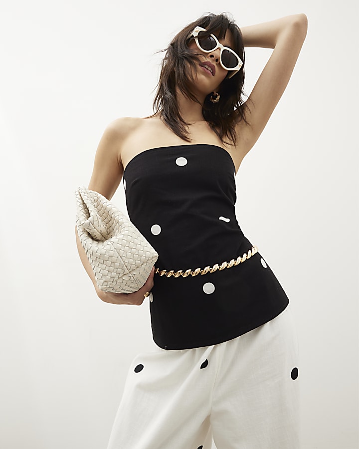 Black Sleeveless Polka Dot Bandeau Top