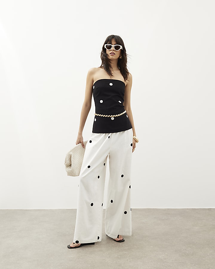 Black Sleeveless Polka Dot Bandeau Top