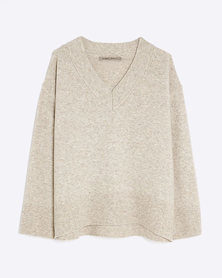 Beige V Neck Jumper