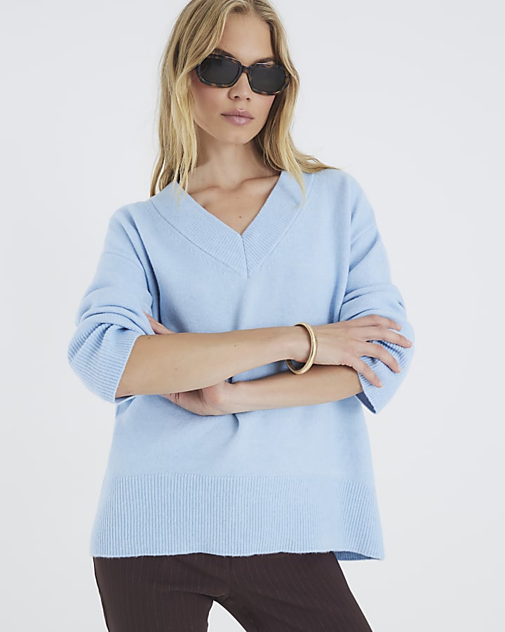 Blue V-Neck Knitted Jumper